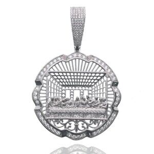 Sterling Silver 925 Rhodium Plated Last Supper Clear CZ 41mm Pendant